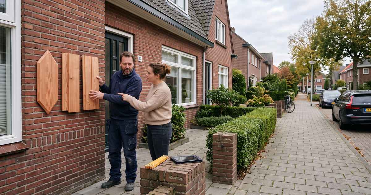 Gevelspecialist houdt drie douglas proefplanken in verschillende profielen tegen een bakstenen gevel terwijl de bewoner er een aanwijst