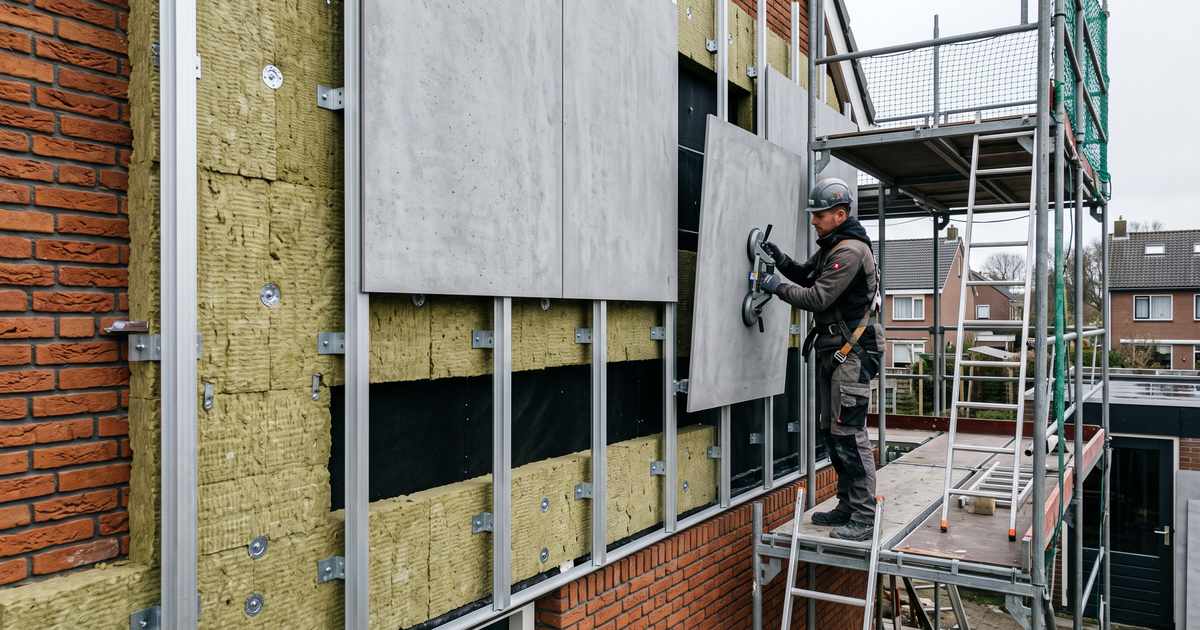 Monteur plaatst Dekton-panelen op een aluminium draagconstructie met isolatie en open luchtspouw voor een geventileerde gevel