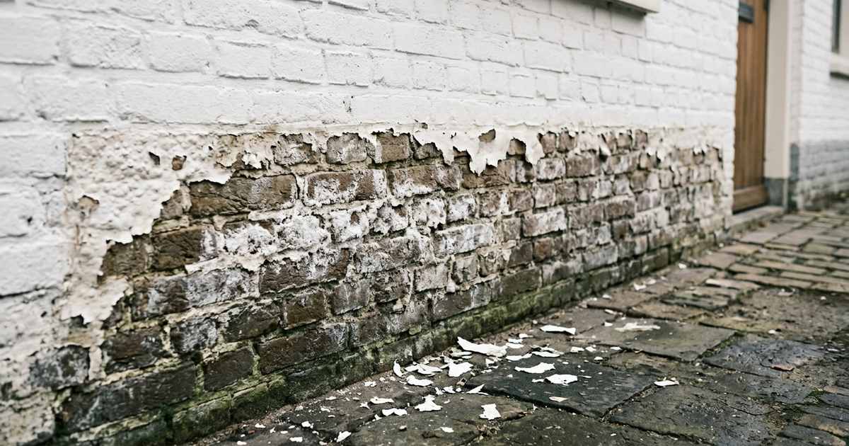 Geverfde bakstenen muur waar de verf onderaan loslaat door optrekkend vocht en zoutuitbloei