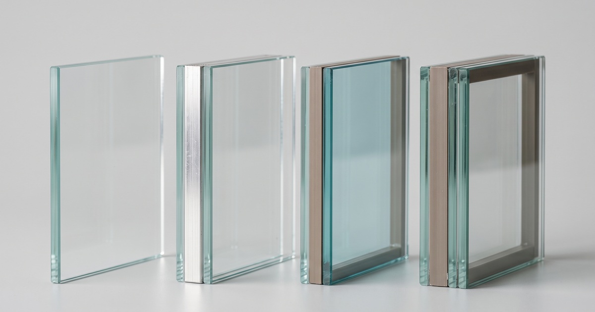 Vier glasmonsters naast elkaar, van enkel glas tot triple glas, met de ruiten en afstandhouders zichtbaar