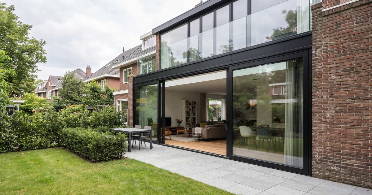 Glazen achtergevel met zwarte profielen en een open schuifpui naar het terras, waarbij rechts de oorspronkelijke bakstenen muur overgaat in het glasvlak
