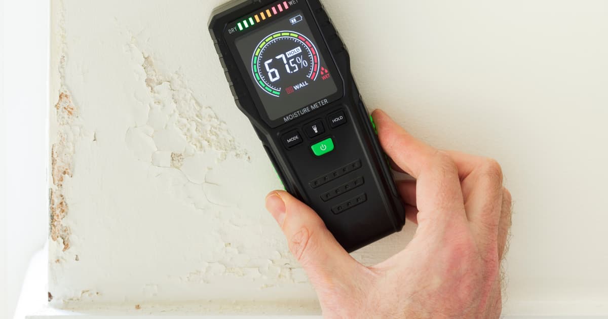 Een hand houdt een zwarte digitale vochtmeter tegen een witte muur met afbladderende verf terwijl het scherm een hoge vochtwaarde in het natte bereik toont.