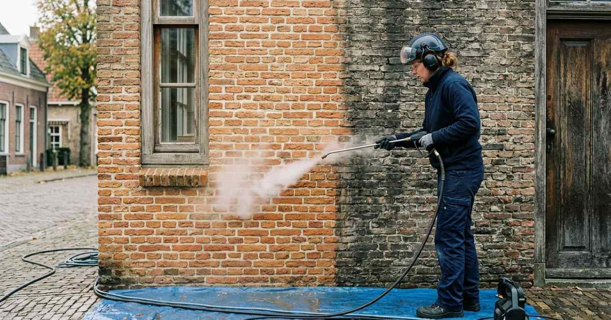 Specialist reinigt een historische bakstenen gevel met stoom op lage druk, links al schoon en rechts nog vuil