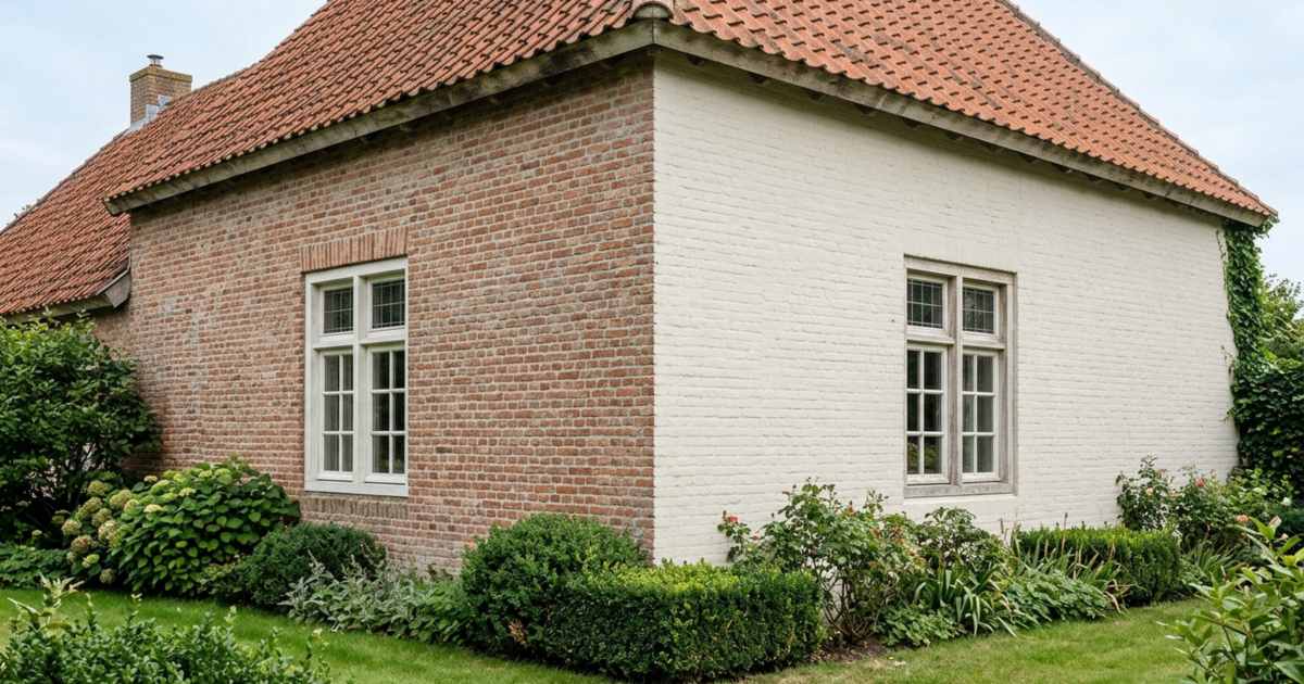Hoek van een woning met links papvoegen waarbij de steen zichtbaar blijft en rechts een dekkende witte kalei