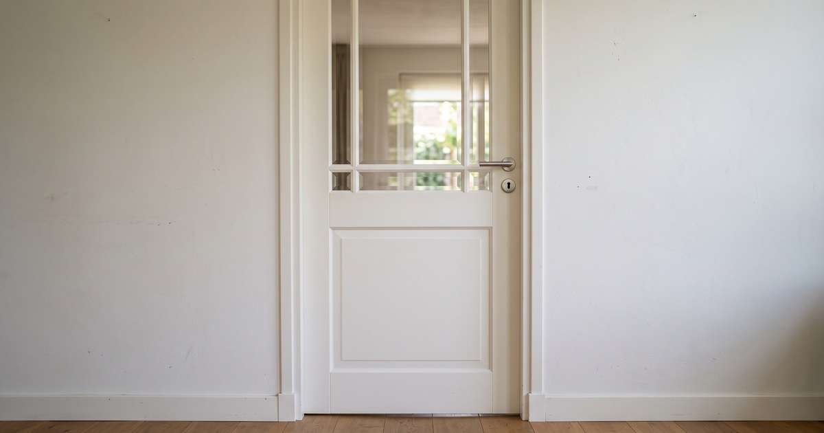 Witte houten binnendeur met een glasvlak in het bovenste deel van het deurblad