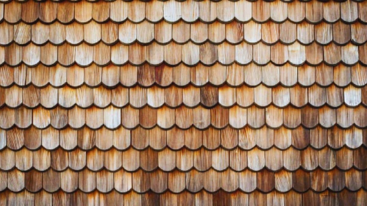 Een dak van een tuinhuis waarop de eigenaars houten dakshingles hebben laten plaatsen.