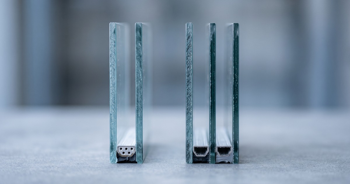 Doorsnede van dubbel glas naast triple glas met de afstandhouders zichtbaar