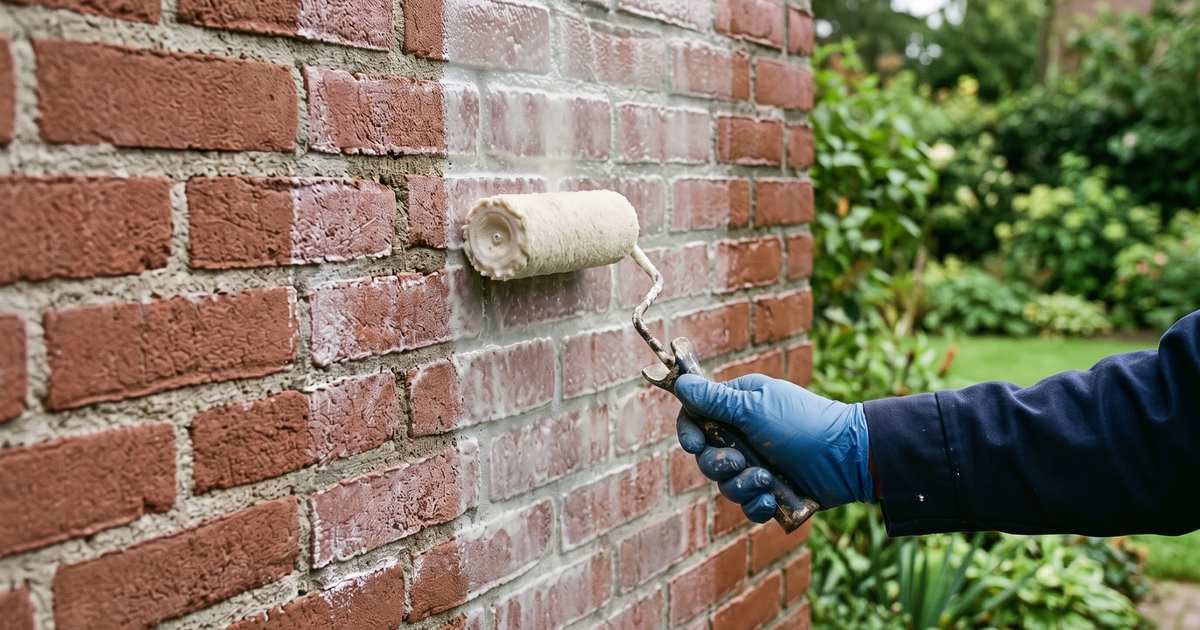 Hand met handschoen rolt een dunne laag witte impregneercreme op een bakstenen gevel