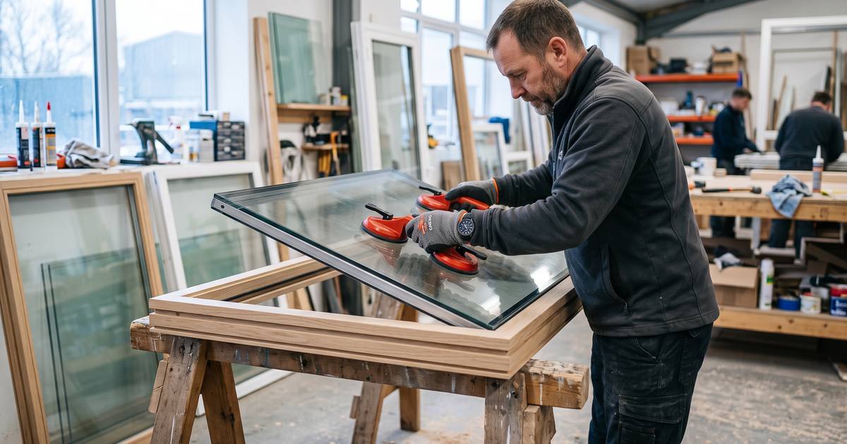 Glaszetter plaatst een isolerende ruit in een nieuw kozijn
