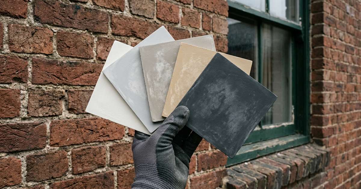 Vijf kleurstalen kalei van gebroken wit tot antraciet, voor een bakstenen gevel gehouden