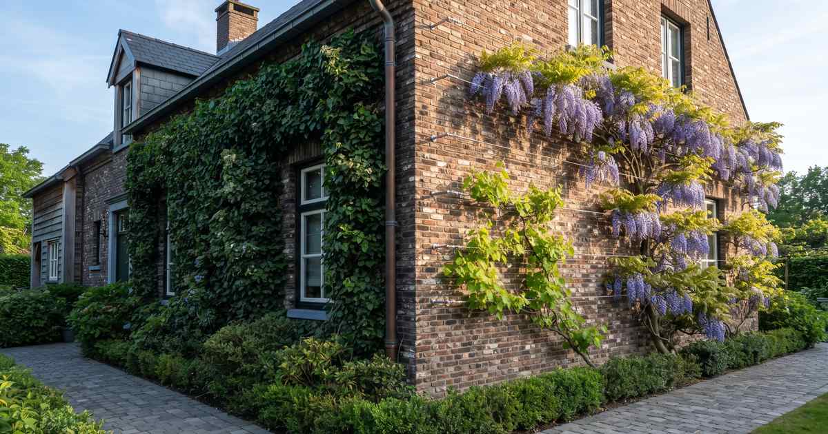 Hoek van een woning met links een schaduwgevel vol klimop en klimhortensia en rechts een zonnige gevel met druif en bloeiende blauwe regen op rvs kabels