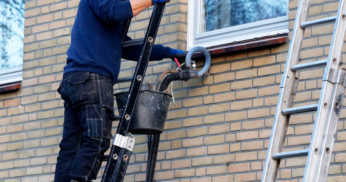 Een isolatiespecialist blaast spouwmuurisolatie met een slang in de spouw. De expert staat op een zwarte ladder