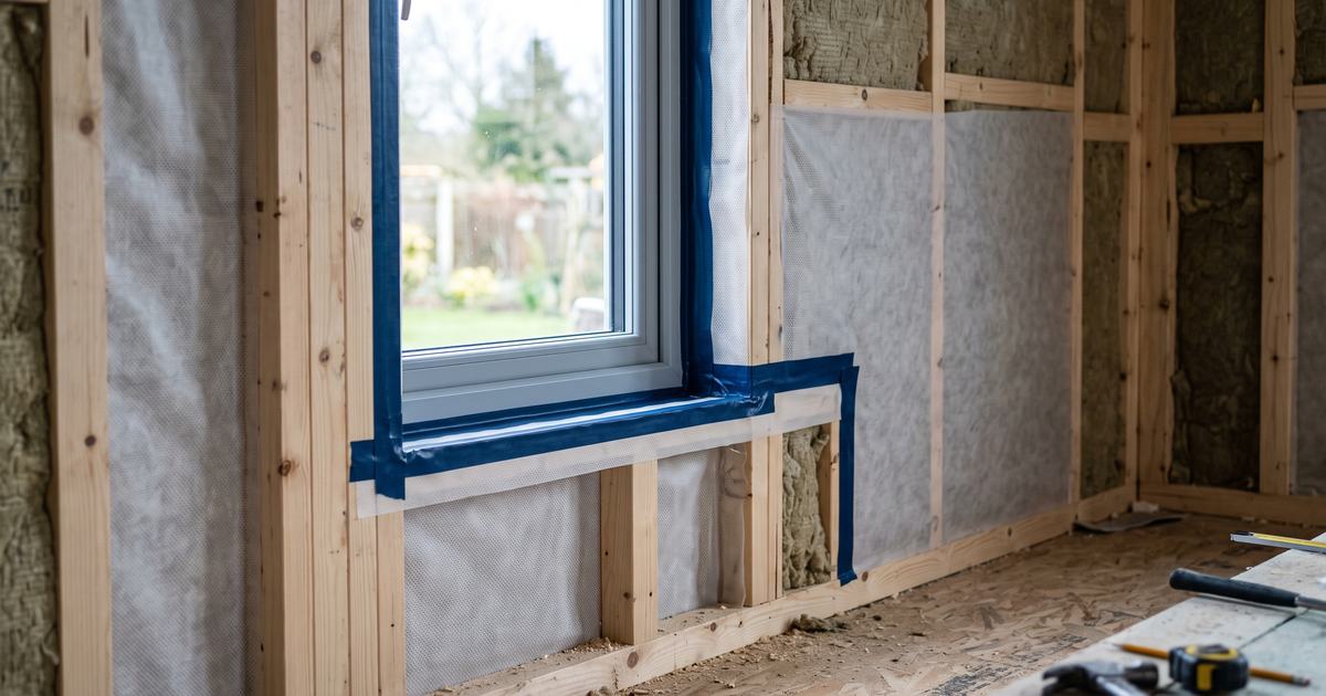 Kozijn in een houtskeletwand met de dampremmende folie tegen het profiel geplakt