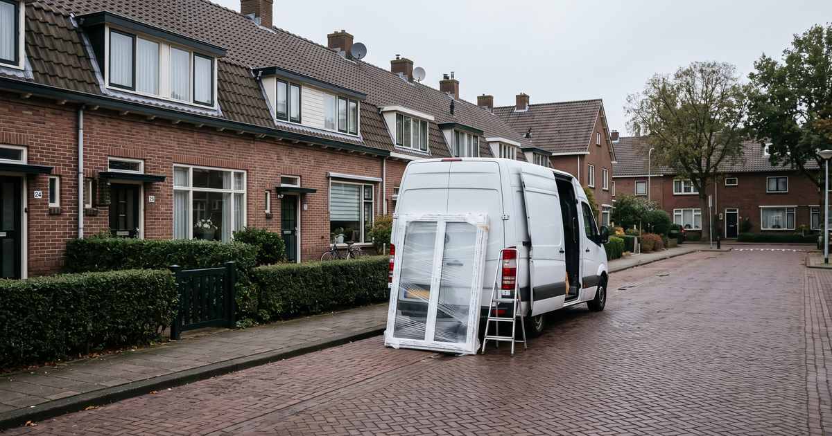 Bestelbus met een ingepakt kozijn in een Nederlandse woonstraat