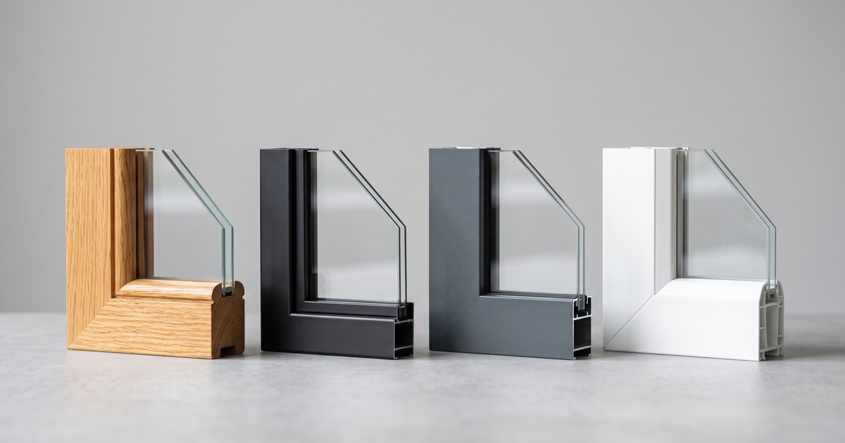 Vier kozijnhoeken naast elkaar in hout, staal, aluminium en kunststof, elk met glas erin