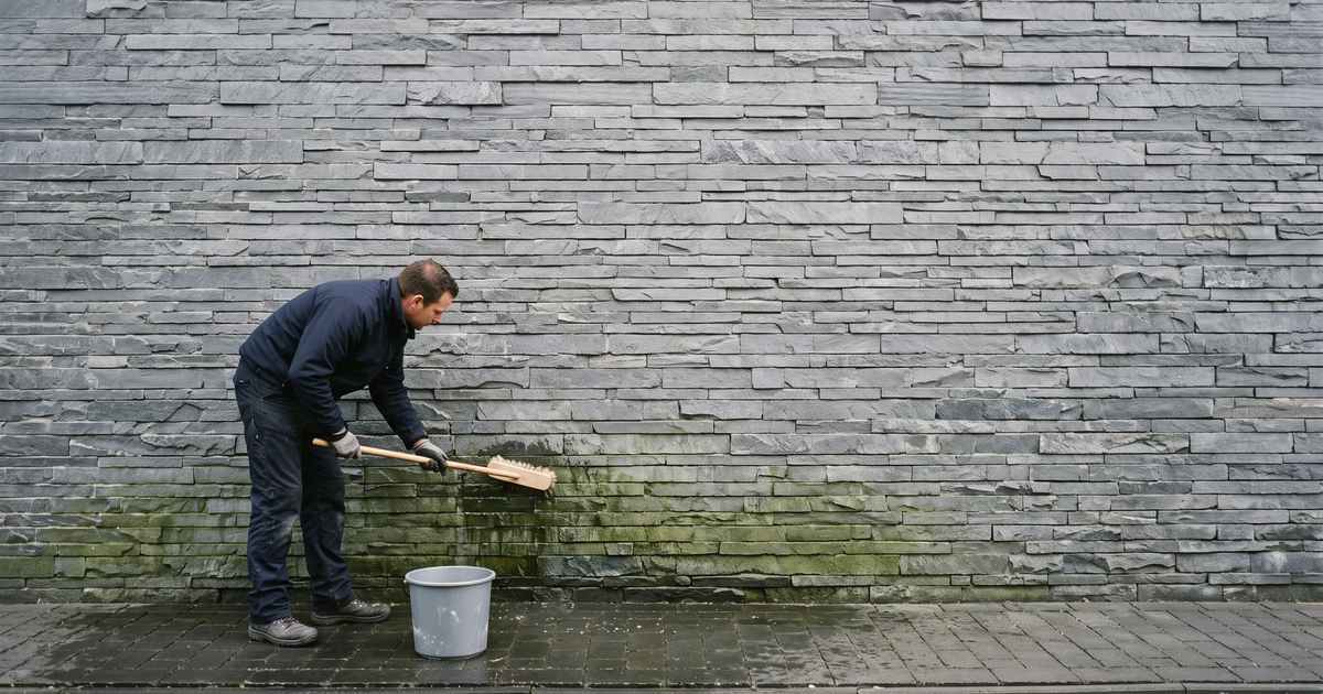 Gevelspecialist verwijdert groene aanslag van een gevel met leisteenstrips met een zachte borstel, zonder hogedrukreiniger