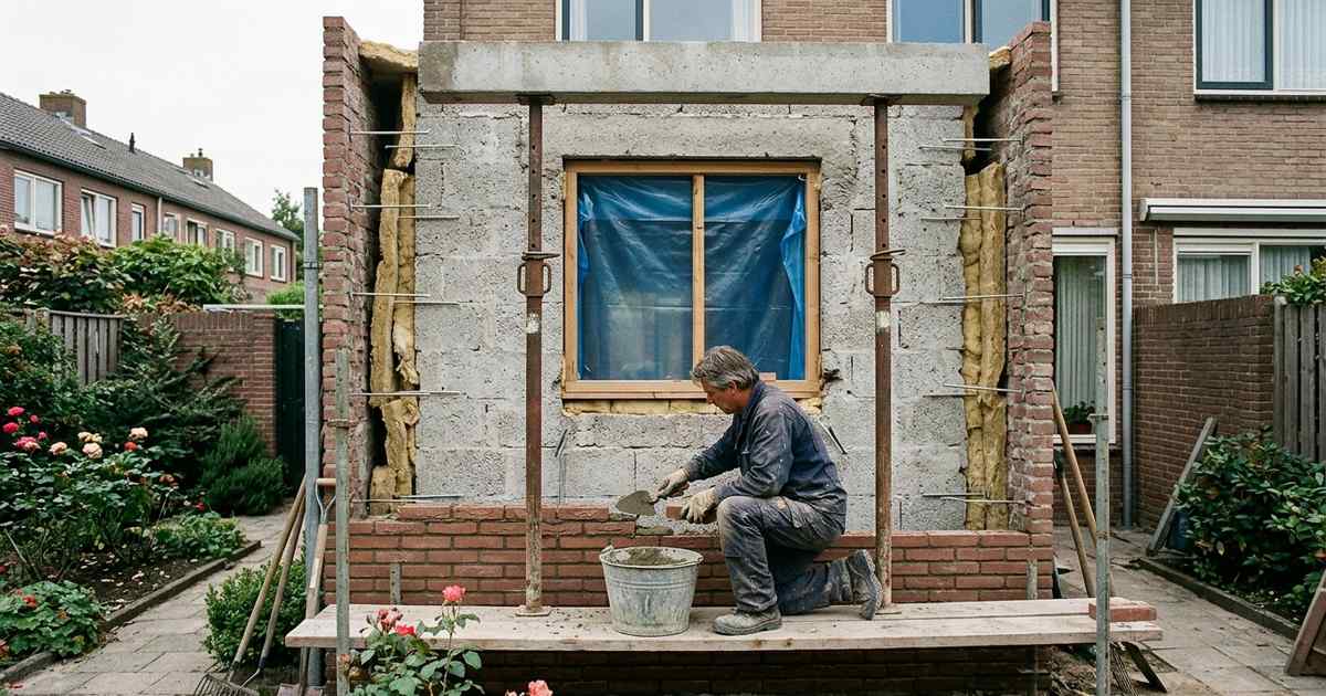 Metselaar zet het nieuwe buitenblad op voor het binnenblad, met spouwankers en een gestempelde latei