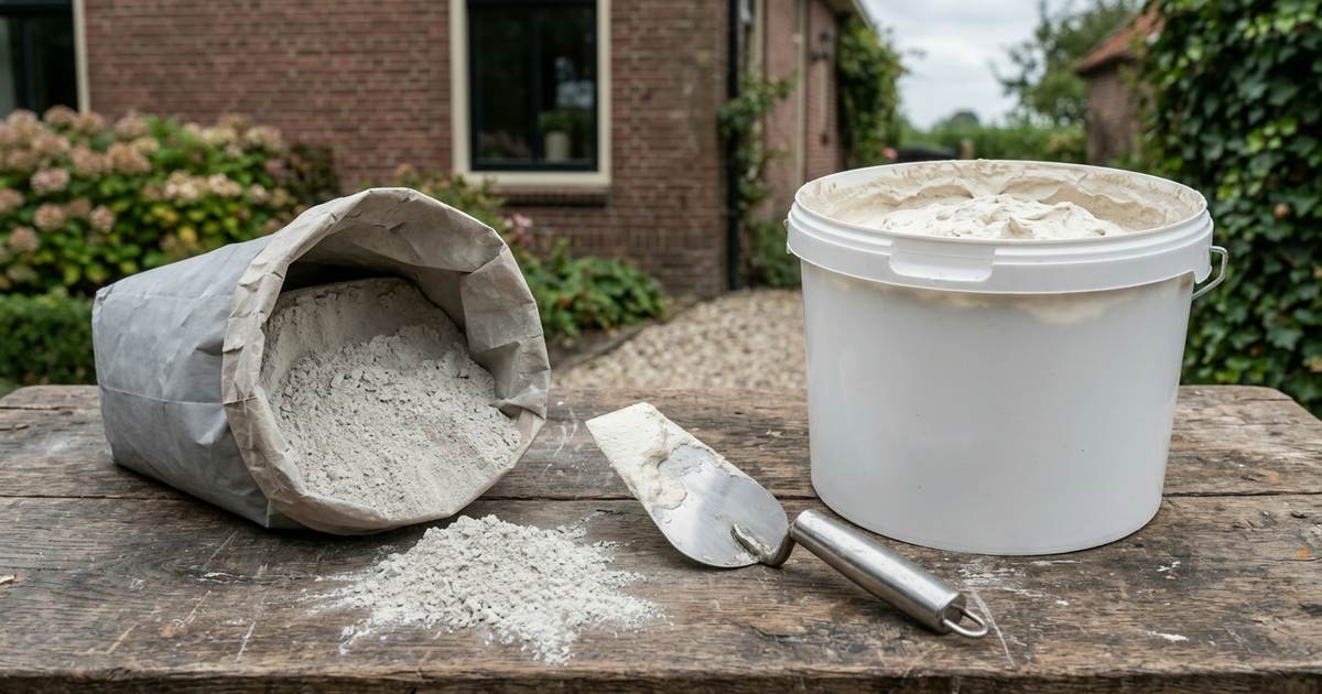 Zak met droge minerale pleister naast een emmer met kant-en-klare pleister en een troffel