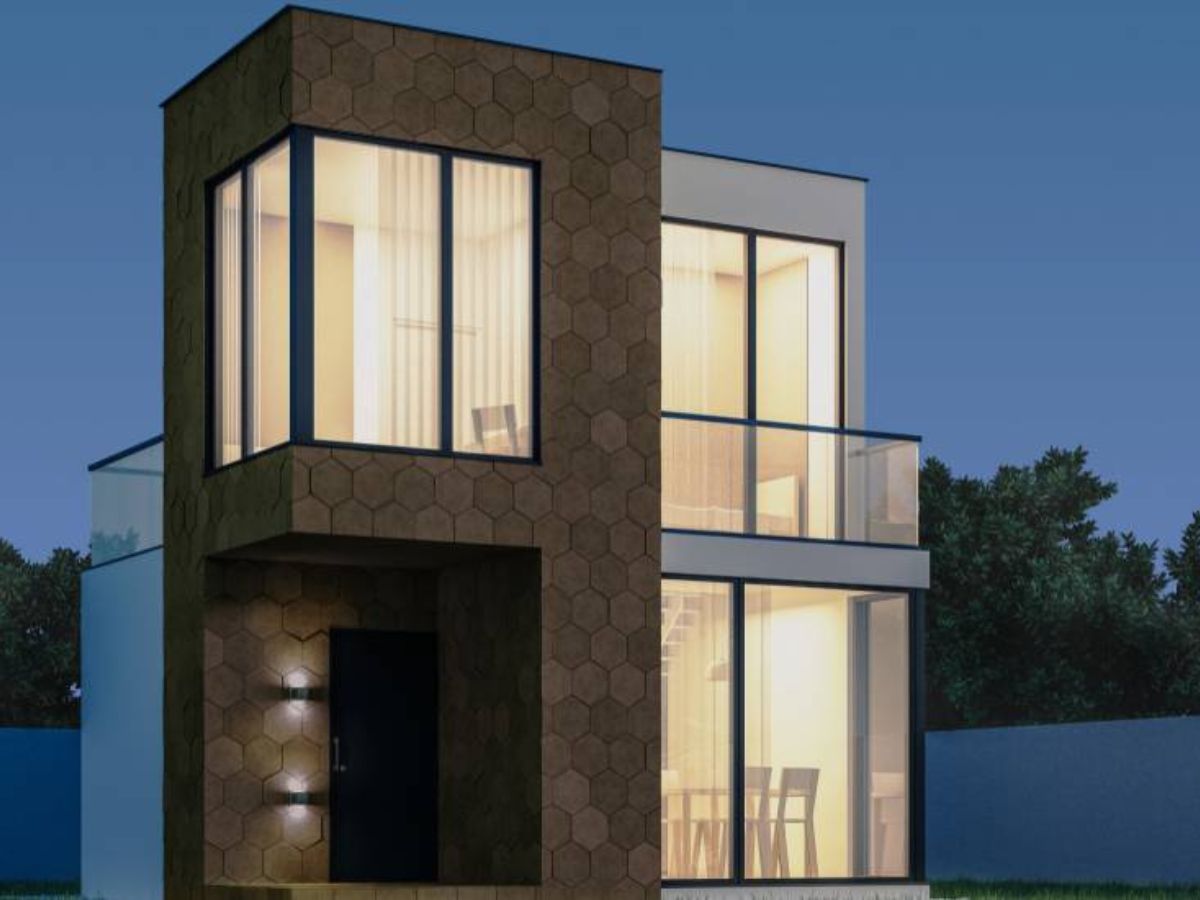 Moderne woning met keramische gevelbekleding in honingraatpatroon en grote ramen met glazen balustrade.