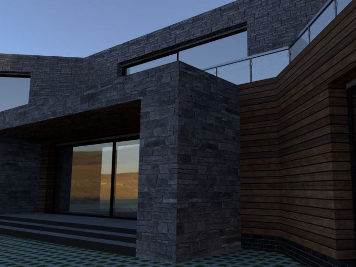 Moderne woning met een combinatie van donkere leien gevelbekleding en horizontale houten bekleding, voorzien van grote ramen en strakke lijnen.