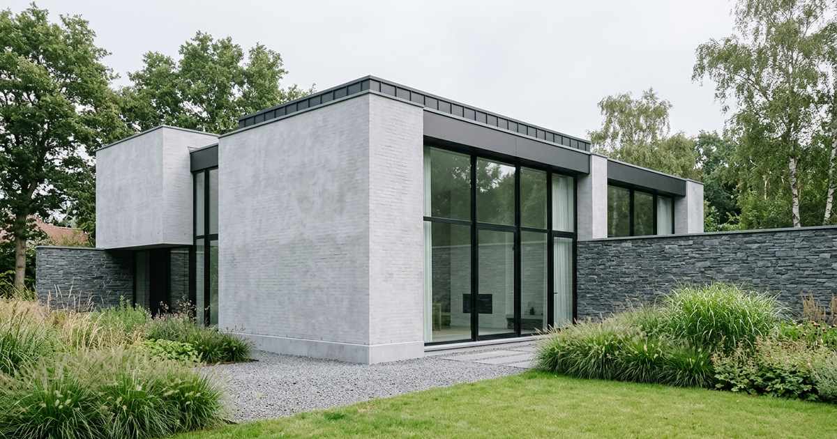 Moderne woning met lichtgrijze kalei, zwarte kozijnen en een plint en tuinmuur van leisteen
