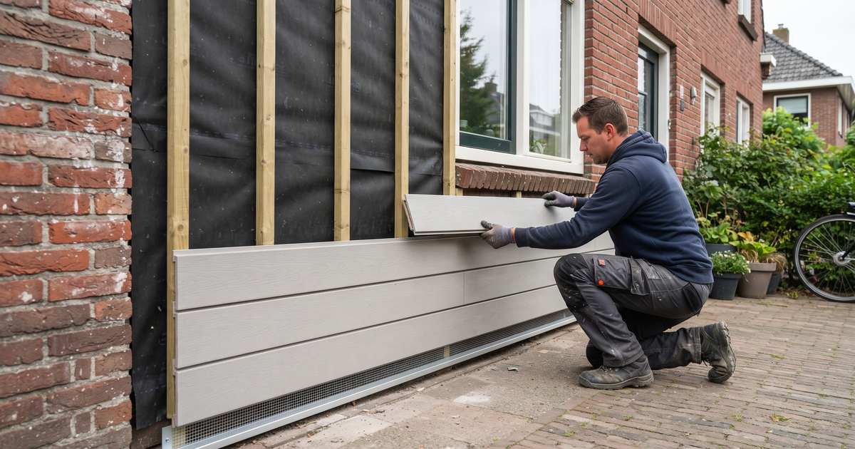 Monteur plaatst gevelbekleding op houten regelwerk over een waterkerende folie tegen een bakstenen buitenmuur