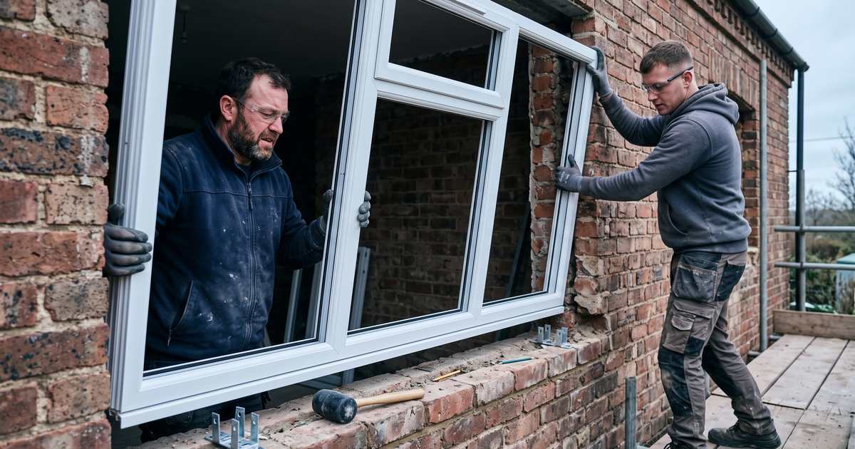Twee monteurs tillen een nieuw kunststof kozijn in een gevelopening