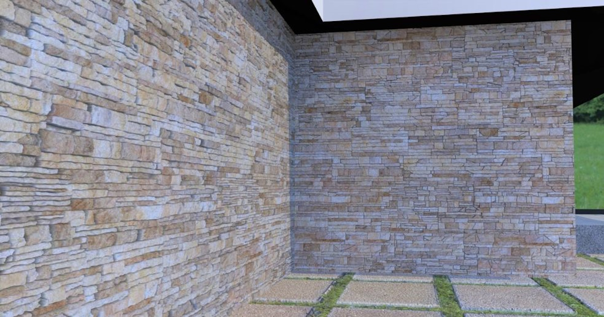 Een beige natuursteen gevel. De stenen hebben een onregelmatige vorm en verschillende lichte tinten, van beige tot aan bruin. 