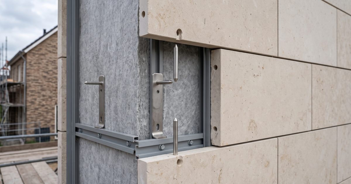 Natuursteen gevelplaten met pengaten die met rvs-ankers op een aluminium onderconstructie voor isolatie worden bevestigd