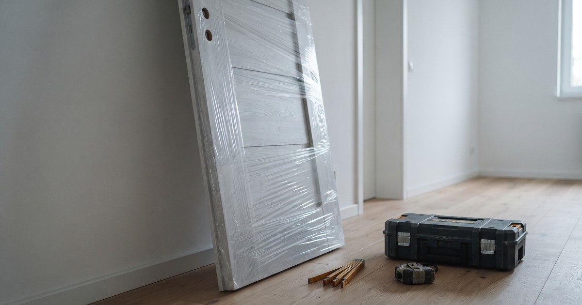 Nieuwe voordeur in beschermfolie tegen de muur, met duimstok, rolmaat en gereedschapskoffer
