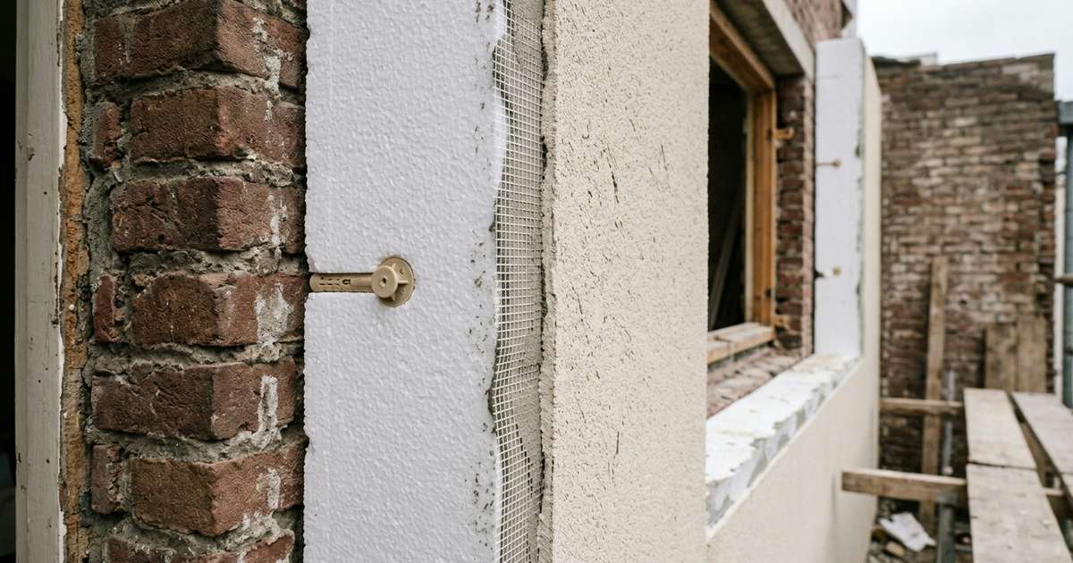 Opbouw van crepi op isolatie bij een raam: baksteen, isolatieplaat met plug, wapeningsgaas en afwerklaag