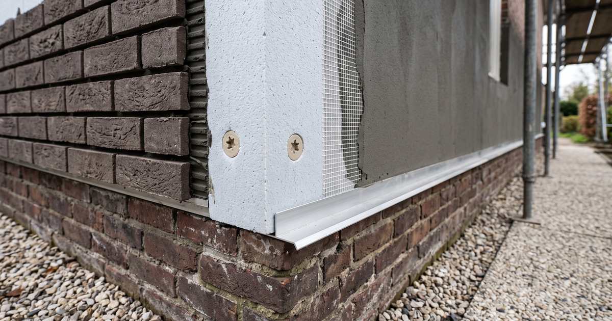 Hoek van een gevel in renovatie met startprofiel, isolatieplaat met pluggen, wapening met glasvezelnet en afgewerkte steenstrips