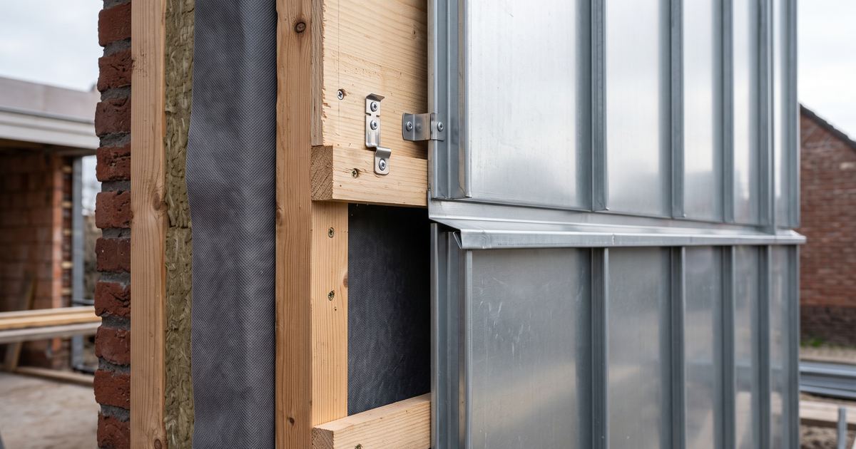 Opbouw van een zinken gevel met isolatie, dampopen folie, houten regelwerk met klangen en zinken felsbanen op een bakstenen muur