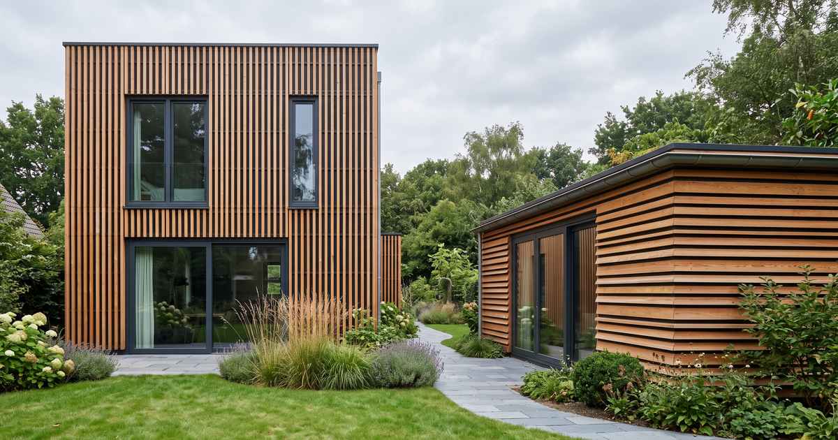 Woning met verticale open houten latten naast een tuinhuis met horizontale open houten latten
