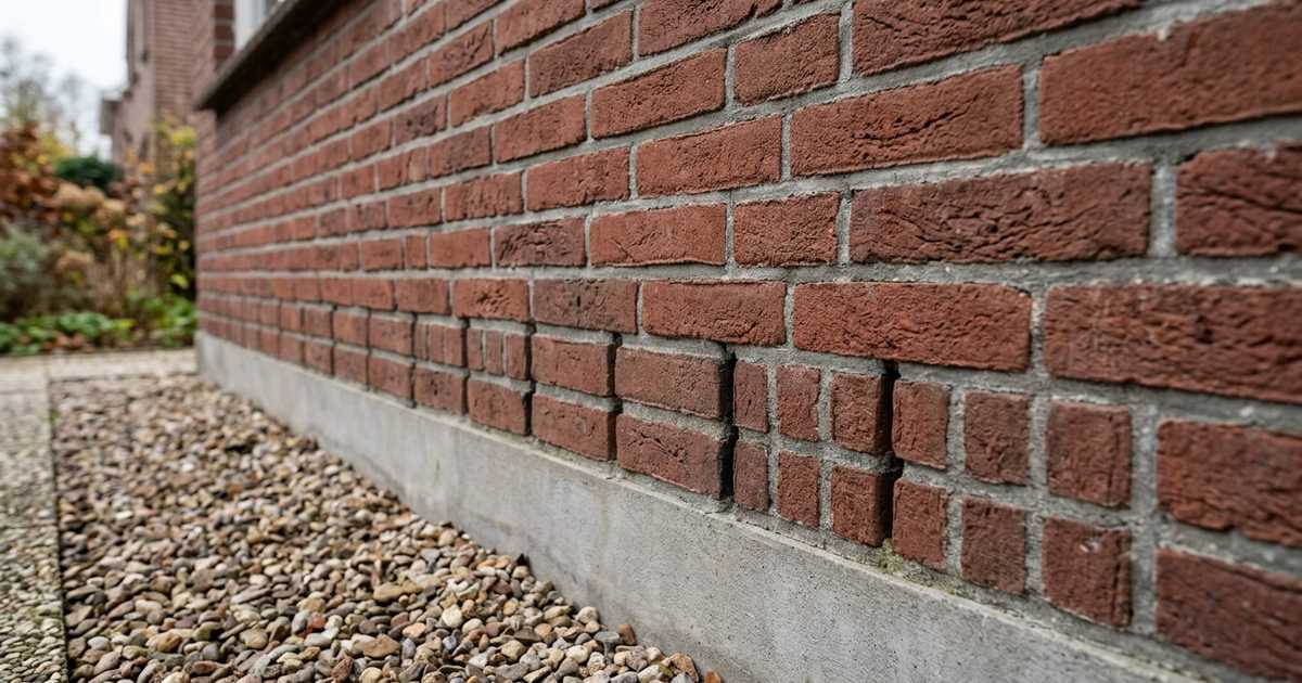Onderste lagen van een gevoegde bakstenen gevel boven de betonnen fundering en een grindstrook