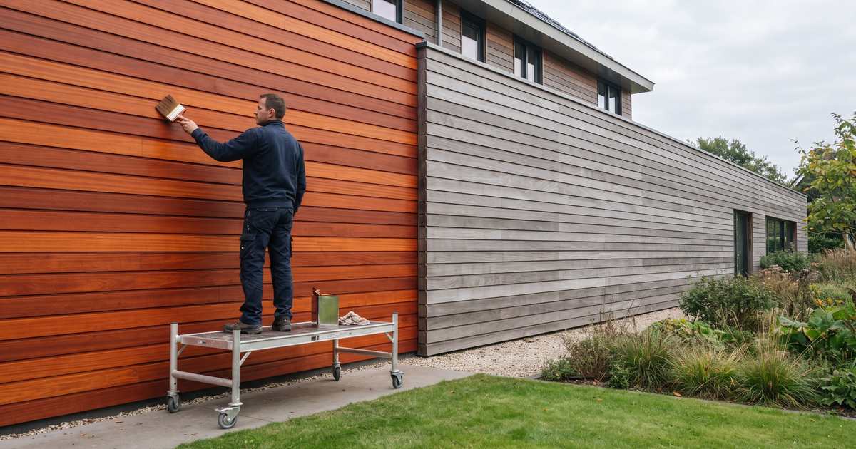 Schilder brengt gepigmenteerde olie aan op een padoek gevel, met het roodbruine geoliede deel naast zilvergrijs vergrijsd hout