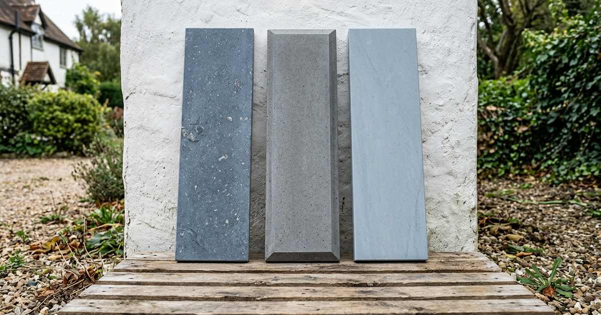 Drie plintstroken naast elkaar: Belgisch hardsteen, antraciet beton en composiet in hardsteenlook