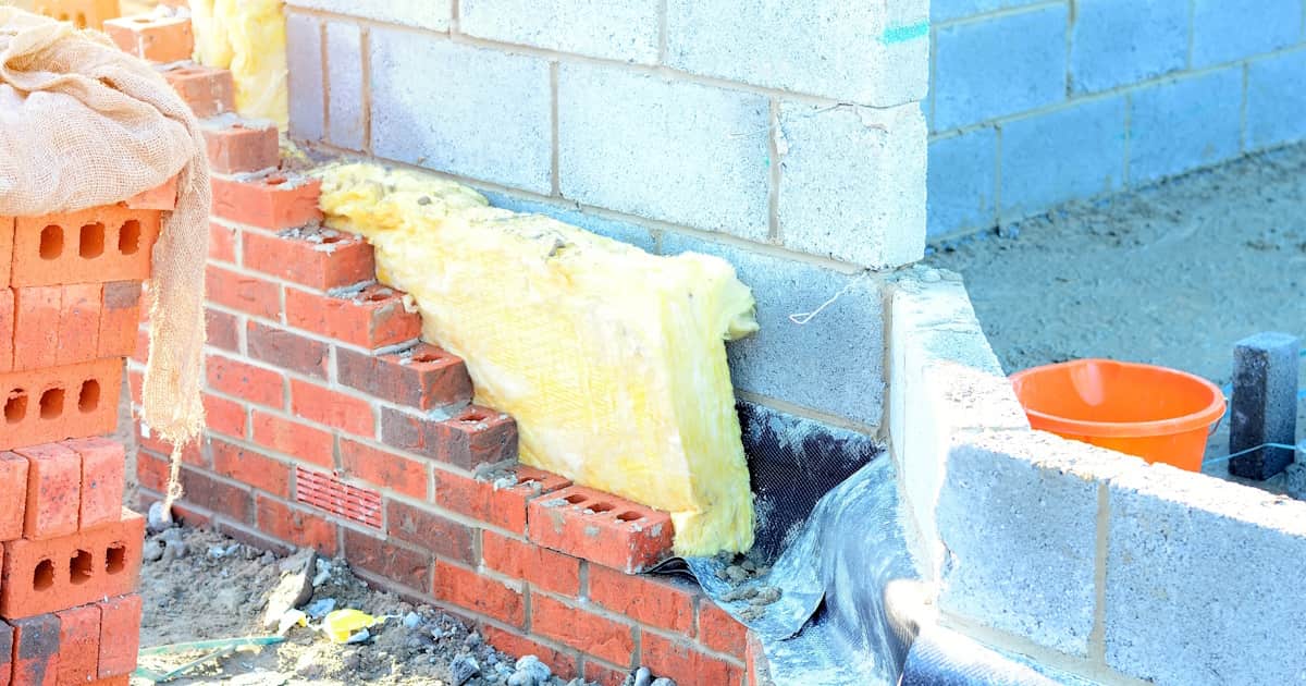 Tijdens het bouwen van een woning wordt de spouwmuurisolatie ingemetseld