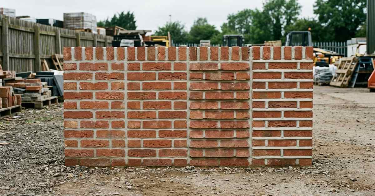 Proefmuur met vier voegprofielen naast elkaar: vlak, verdiept, schuin weggesneden en uitstekend