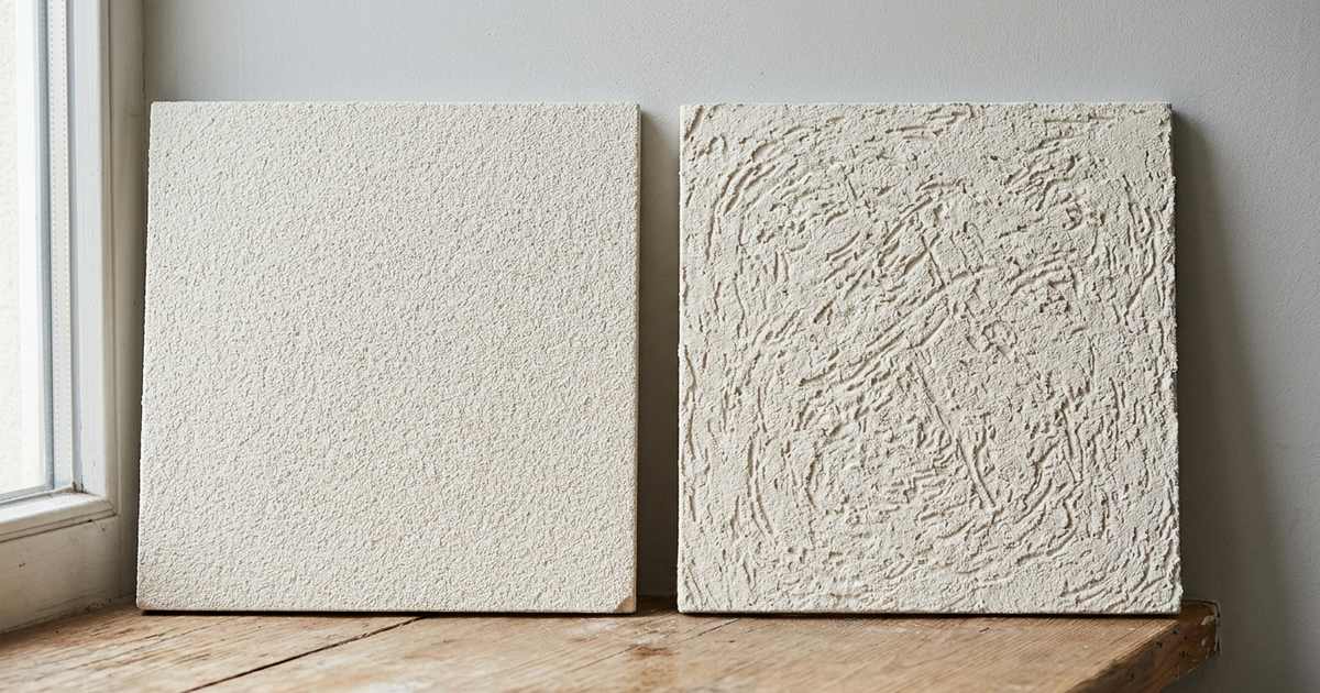Twee proefstukken sierpleister naast elkaar: links een fijne korrel, rechts een grove structuur