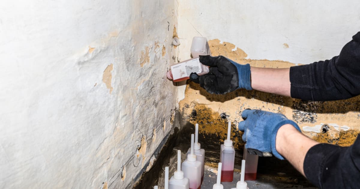 Een professional brengt injectievloeistof aan in een beschadigde muur om optrekkend vocht te behandelen.