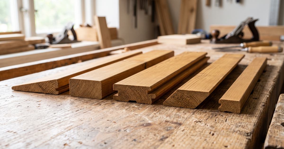 Vijf profielen houten gevelbekleding naast elkaar op een werkbank: Zweeds rabat, blokprofiel, channelsiding, rhombus en een lat