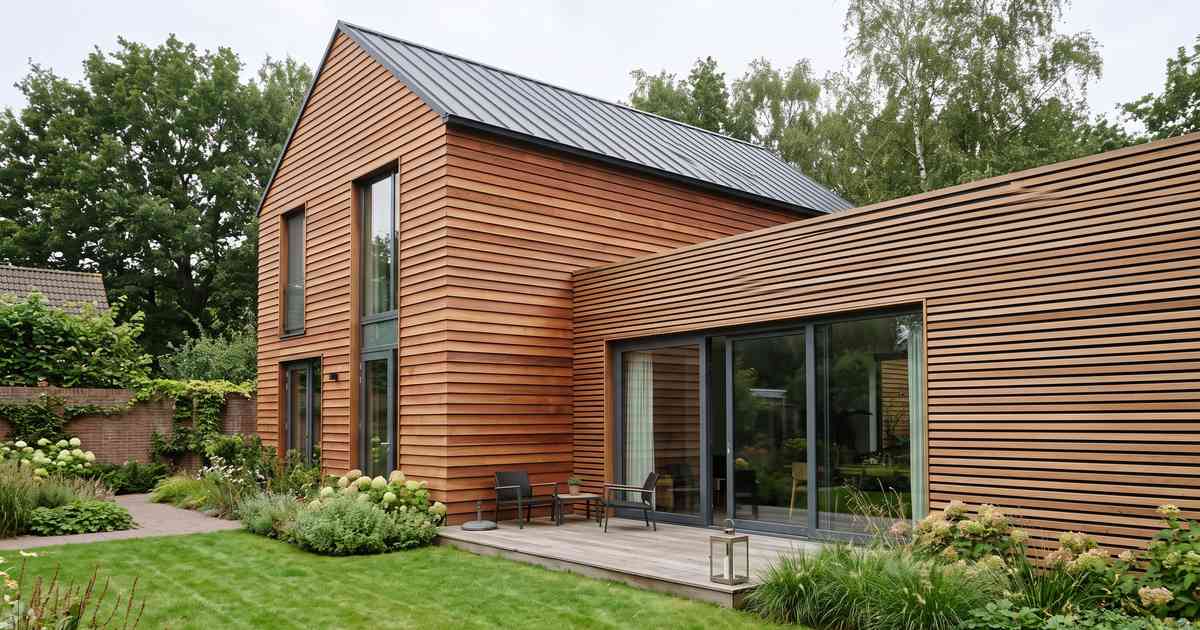 Woning met gesloten red cedar rabatdelen en een aanbouw met open horizontale red cedar latten op zwart regelwerk