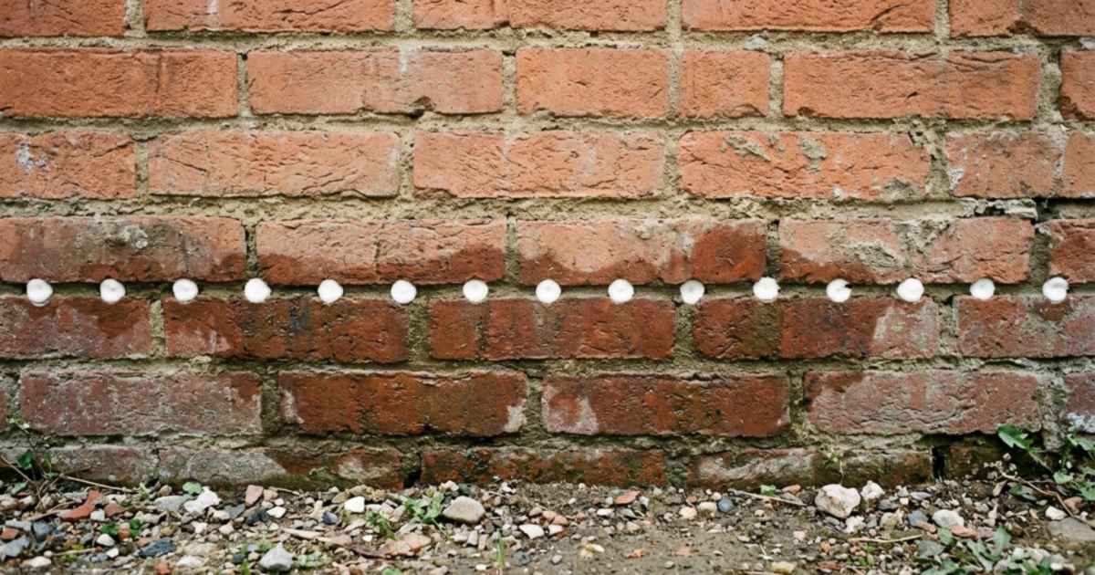 Regelmatige rij boorgaten met injectiecrème in een voeg onderaan een bakstenen muur