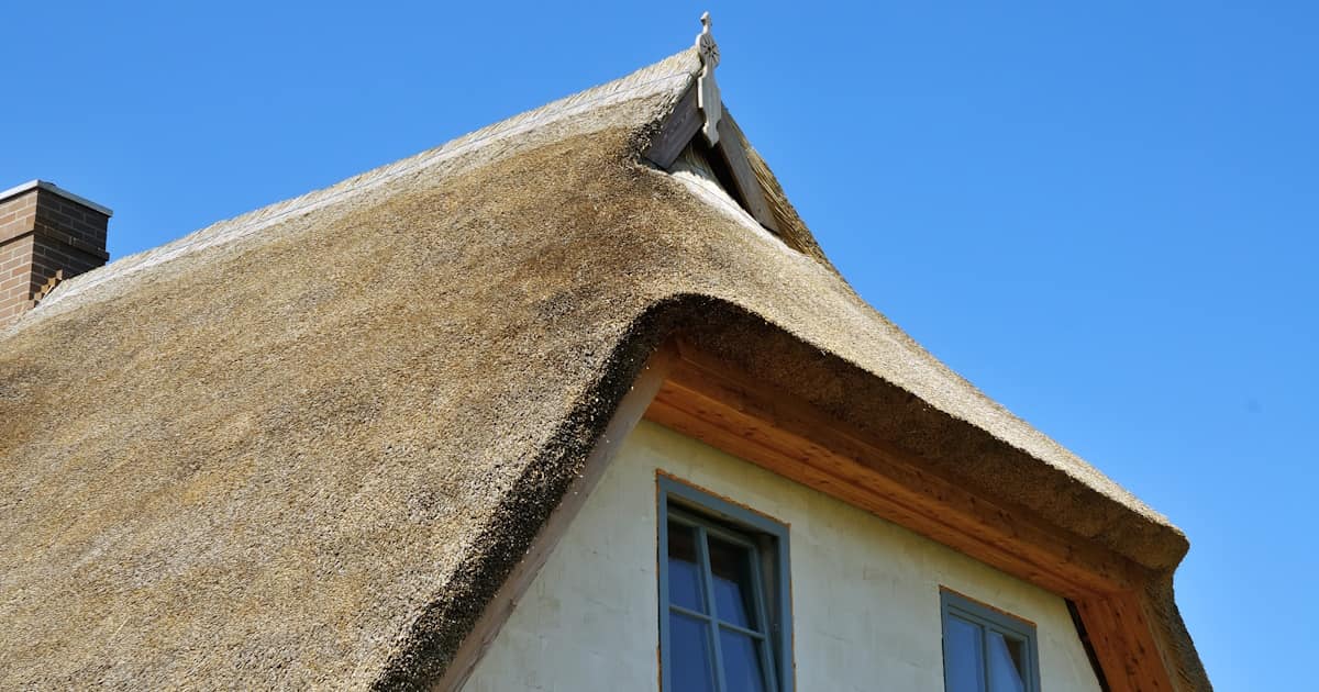 Een vrijstaande woning met een lichte, rieten kap tegen een strakblauwe lucht.
