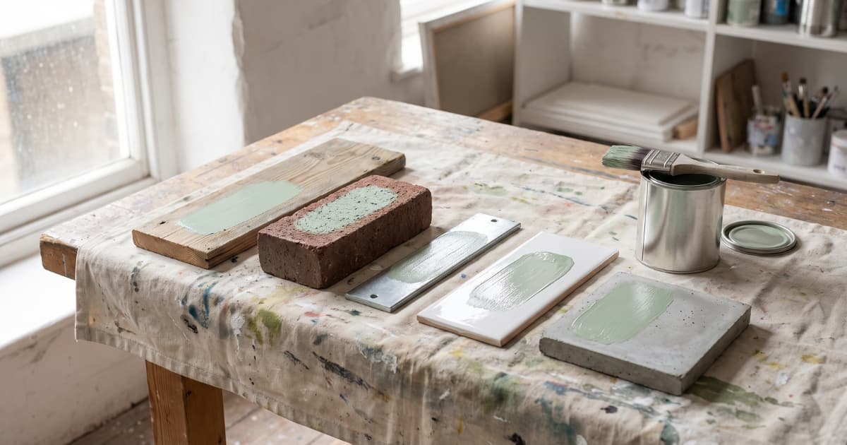 Op een werkbank met een verfdoek liggen vijf verschillende ondergronden van hout tot beton naast elkaar, elk met een streek saliegroene verf en een open verfblik met kwast ernaast.