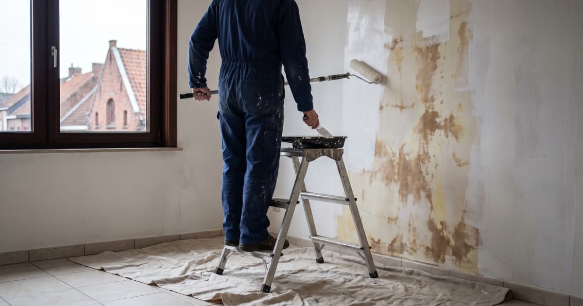 Schilder in blauwe overall rolt witte primer over bruine vochtplekken op een binnenmuur terwijl hij naast een aluminium trapje staat in een kamer met afdekzeil op de vloer en bakstenen daken zichtbaar door het raam.
