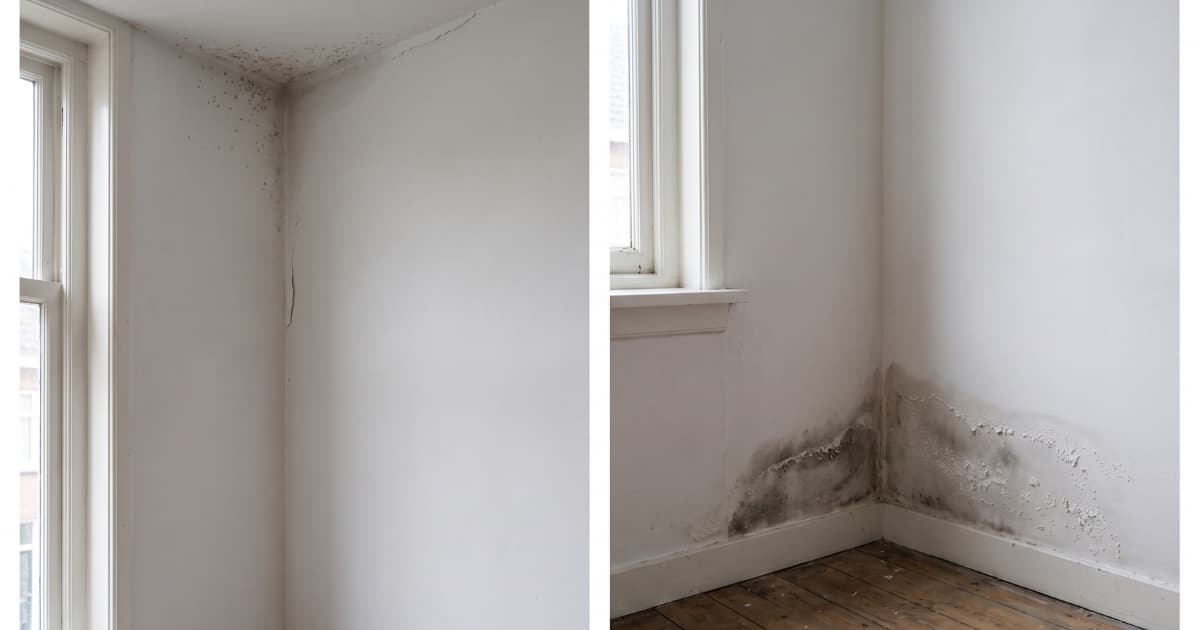 Links zitten zwarte schimmelstipjes in de bovenhoek van een witte kamer bij het plafond en rechts zit een donkere vochtplek met witte zoutuitslag en afbladderende verf laag in de hoek boven de plint en de houten vloer.