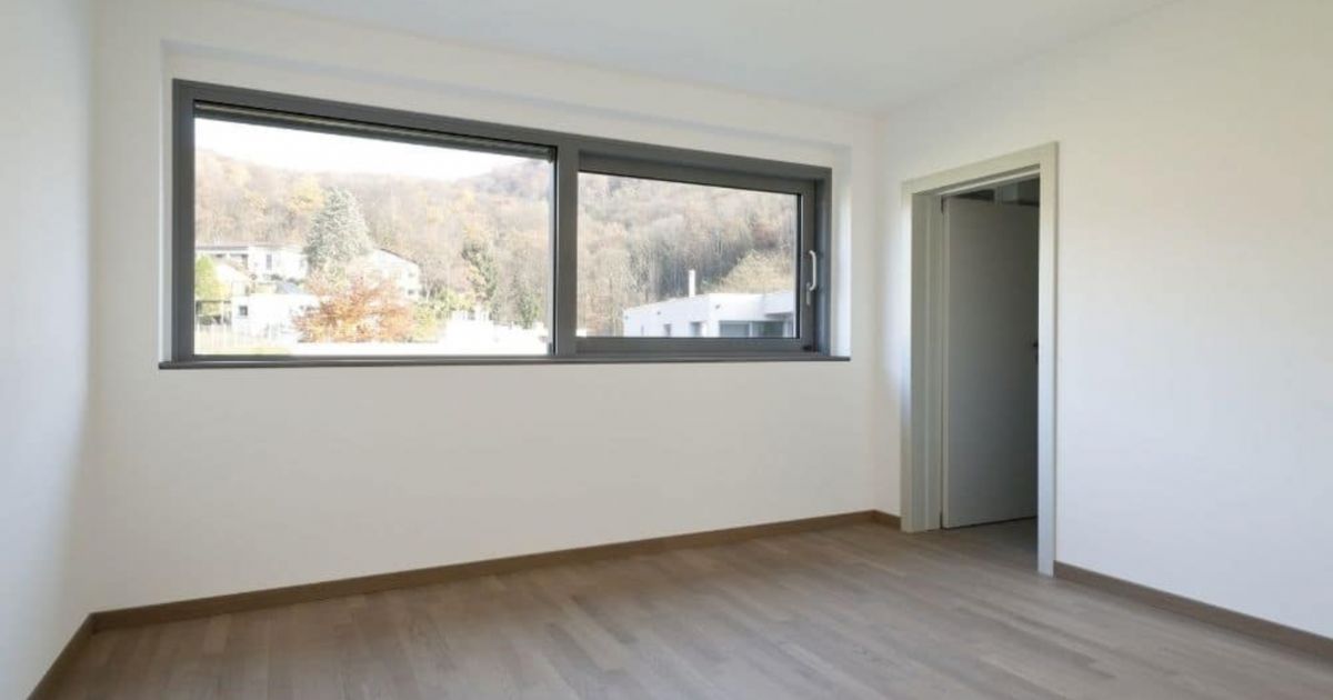 Een leegstaande kamer met een beige houten vloer, witte muren, een deur die openstaat en een schuifraam. Het schuifraam heeft grijze kozijnen en zit dicht. Door het raam is een bos te zien en enkele huizen