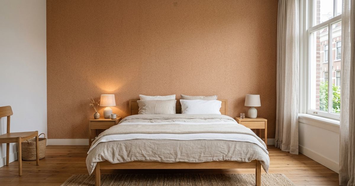 Slaapkamer met een wand van gespoten kurk in een warme tint achter het bed
